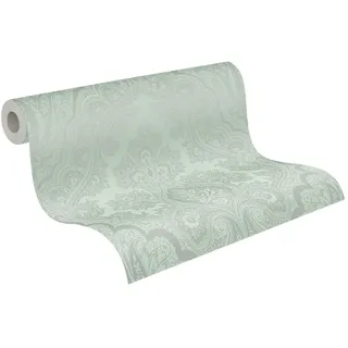 A.S. Création My Home My Spa Barock Vliestapete Eukalyptus Grün Livingwalls 387081 Tapete Ornament Glitzer 10,05x0,53m Made in Germany, Eukalyptus, Grün, Silber