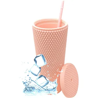 Kunststoffbecher mit Nieten – Doppelwandiger Kaltbecher aus Kunststoff mit Deckel und wiederverwendbarem Strohhalm für Eiskaffee, Wasser, Slush oder Smoothies, 700 ml, matte Koralle