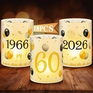 Anruzon 18Pcs Windlichter Tischdeko 60. Geburtstag - Deko 60. Geburtstag Männer und Frauen - Schwarz Gold Happy Birthday Tischdeko für Teelichter oder Kerzen