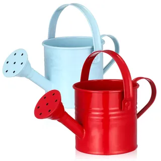 Alasum 2er Set Gießkanne Zimmerpflanzen aus Metall - Retro Blumengießkanne mit langem Ausguss - Kleine Gießkanne für Balkon, Garten und Kinder - Rot & Hellblau - 15x7,5x7,5 cm