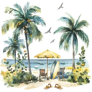 Fufuquare Sommer Strand Kokospalme Wandtattoo Grüne Pflanze Entfernbare Wandaufkleber für Badezimmer Schlafzimmer und Wohnzimmer