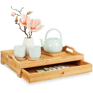 Relaxdays Serviertablett, entnehmbare Schublade, Frühstückstablett mit Griffen, H x B x T: 10 x 43 x 31 cm, natur