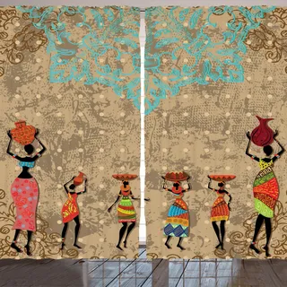 ARANDE afrikanisch Gardine, Weinlese-Mädchen mit Töpfen auf dem Kopf auf folklorischer Boho-Hintergrund-Illustration, 280 x 225 cm, Seafoam Cocoa