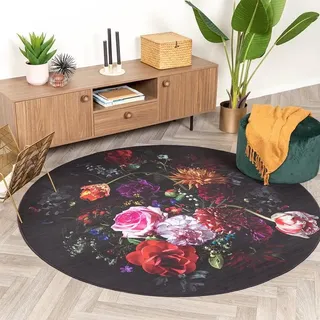 Teppich Floral Rund - Florine Schwarz Rosa - Ø 160 cm - Wohnzimmer, Esszimmer, Schlafzimmer - FRAAI | Home & Living - Boho, Industrielle, Ländlich, Modern - Schwarz