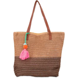 styleBREAKER Damen Bast Strandtasche 45 x 13 x 46 cm mit Reißverschluss | Zweifarbige Korbtasche mit Quaste | Flechttasche mit langen Henkeln für Strand & Shopping, Farbe:Braun-Dunkelbraun
