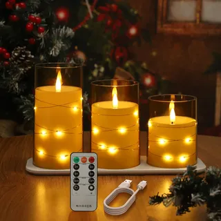 EXTSUD 3 Stück LED Kerzen mit Lichterkette und Timer Aufladbare LED Kerzen mit Fernbedienung Größe 7.5cm X 10cm,12.5cm,15cm Flammenlose Led Kerzen für Wohnung Dekoration Weihnachten Geburtstag Party