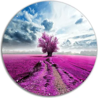 Wallario rundes Outdoor-Poster für Garten oder Balkon, Motiv Surreales Blumenfeld lila Blumen auf dem Feld, 60 cm Durchmesser - Rosa