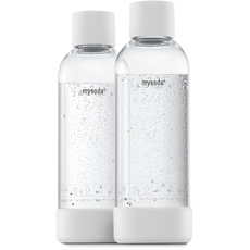 Mysoda: Wiederverwendbare BPA-freie Plastikflasche mit Schnellblasmechanismus und Holzverbundwerkstoff Kork & Boden, Kompatibel Kohlensäure-Maschinen, 2 x 1L - Weiß