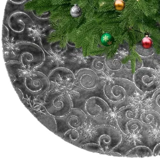 KONVINIT Grau Weihnachtsbaumdecke Plüsch Christmasbaumdecke Kunstfell Weihnachtsbaumteppich Rund Weihnachtsbaum Rock Weihnachtsdeko mit Silber Pailletten Schneeflocke,78cm/90cm/122cm