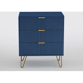 Fortuna Lai Kommode mit 3 Schubladen, Sideboard mit Vergoldetebeine, H: 70 cm, B: 60 cm, T: 40 cm. Schubladenkommode, Kommode mit Schubladen, Sideboard Wohnzimmer, Marineblau - Blau