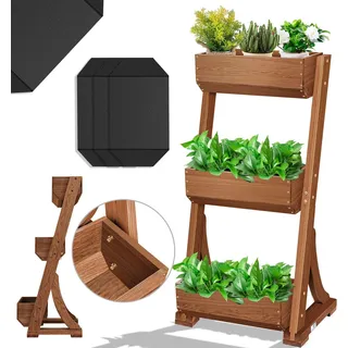 KESSER® Hochbeet mit 3 Etagen Premium Blumenkasten Blumentreppe Pflanztreppe Gemüsebeet Kräuterbeet Pflanzkübel Frühbeet Blumenbeet Pflanzkasten mit Gartenvlies - Beet inkl. Schaufelset, Braun - Braun