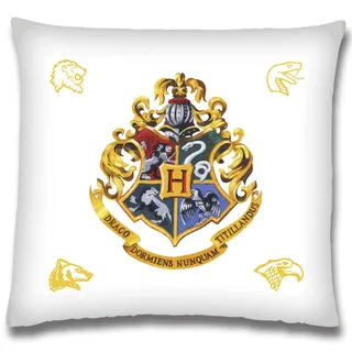 Harry Potter Kissen Sign White 40 x 40 cm Gryffindor Hufflepuff Ravenclaw Slytherin Ron Hermine Kopfkissen Dekokissen Reisekissen Schmusekissen Zierkissen Kuschelkissen Polster passend zur Bettwäsche