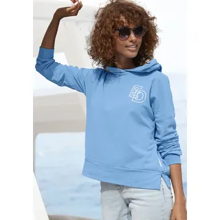 Kapuzensweatshirt ELBSAND "Jonna", Damen, Gr. S (36), blau (azurblau), Sweatware, Obermaterial: 95% Baumwolle, 5% Elasthan, unifarben, figurumspielend hüftlang, ohne Ausschnitt, angesetztes Bündchen, Sweatshirts Kapuzensweatshirt, mit großem Logodruck auf dem Rücken, bequemer Hoodie aus Baumwolle