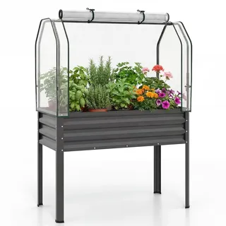 COSTWAY 3 in 1 Hochbeet mit PE-Abdeckung, erhöhtes Gartenbeet aus verzinktem Metall, Gewächshaus mit rollbarer Tür, Pflanzbeet Kräuterbeet für Garten Balkon Terrasse, 112 x 55 x 152 cm (Grau)