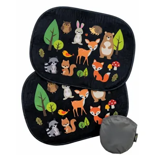 HECKBO 2X Auto Sonnenblende mit 8 Saugnäpfen - Waldtiere Tiere Motiv - 44x36cm - Auto Fenster Seitenfenster Sonnenschutz Autosonnenblende Seitenscheibe - mit Tasche - für Baby Kinder Mädchen Jungen