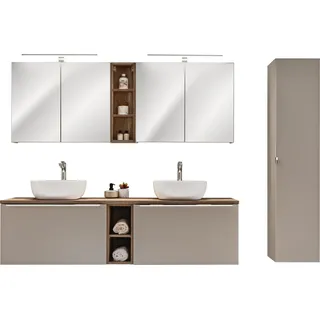 Badmöbel Set 180 cm 2 Waschbecken LED Spiegel grau modern Eiche - Taupe