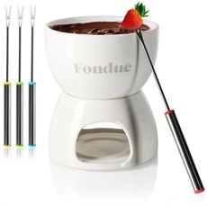 com-four® Premium Schokoladenfondue-Set - Keramikschale mit Teelichthalter und 4 Gabeln - Schmelztopf für Schokolade und Käse - Schmelztiegel - Dessert-Dipschale für 4 Personen - Schmelzgefäß (weiß)