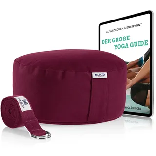 NAJATO Sports Meditationskissen – Mit Yogagurt & E-Book (PDF Datei) – Yogakissen mit Buchweizenschalen-Füllung – Rundes Yoga Kissen mit waschbarem Bezug aus Baumwolle