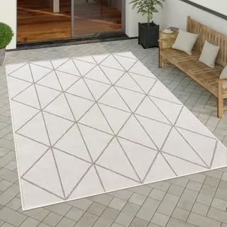Outdoor Teppich wetterfest Boho Skandi Motiv Rauten robust Balkon Terrasse Küche Grösse 200x280 cm - Weiß