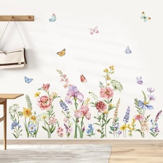 decalmile Wandtattoo Blumen Bunt Wandaufkleber Garten Blumen Schmetterlinge Wandsticker Kinderzimmer Mädchen Wohnzimmer Sofa Hintergrund Wanddeko