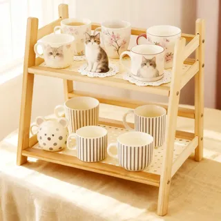 Küchen Organizer, 2-stufig Bambus Tassenhalter, Gewürzregal Stehend, Tee Organizer, Tassenregal, Arbeitsplatte, Küchenthekenregal, Tassen-Display für Küche, Schlafzimmer und Büro (40x18x28.5cm)
