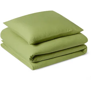 Amazon Basics Vorgewaschenes Mikrofaser-Bettwäsche-Set, extra weich, natürlicher Knitter-Look, bügelfrei, 2-teilig, Einzelbett, Bettbezug 135 x 200 cm & Kissenbezug 80 x 80 cm, Grün