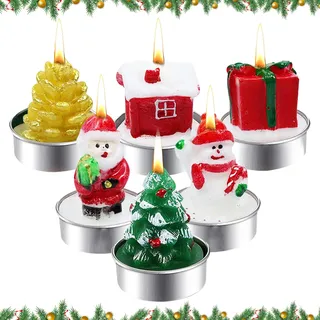 Weihnachts-Teelichter Set 6er Handgemacht - 6 Motive Rauchfrei - Deko für Weihnachtstisch, Adventskranz und Geschenk (Weihnachtsmann, Schneemann, Tannenbaum)