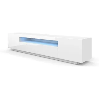 LOWBOARD 200 cm TV Schrank , Unterschrank mit LED, Fernsehschrank, TV Board, Sideboard RTV, TV Schrank, HiFi-Tisch, LED Beleuchtung Weiß Hochglanz - Weiß