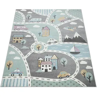 Paco Home Kinder-Teppich Mit Straßen-Motiv, Spiel-Teppich Für Kinderzimmer, In Grün Grau, Grösse:80x150 cm