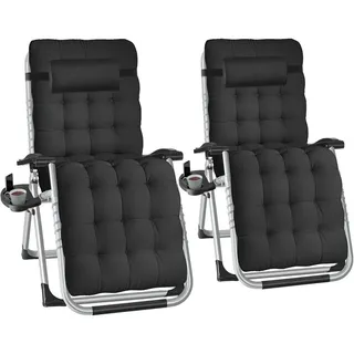 tectake Sonnenliege 2er Set Cloud, 84 x 168 x 82,5 cm, mit Ablagetisch, schwarz , Schwarz , Kunststoff , 84x103x113 cm , Gartenmöbel, Gartenliegen