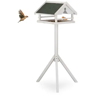 Relaxdays Vogelfutterhaus mit Ständer, wetterfestes Dach, Holz, Vogelhaus, HBT: 120x62x55 cm, Futterhaus Wildvögel, weiß