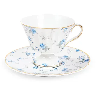 fanquare Bone China Tasse und Untertasse Set, Blau Kleine Rose Blumen Tee Tasse, 170ml Elegante britische Porzellan Kaffeetasse für Frauen Geschenke