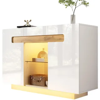 Flieks Sideboard LED Hochglanz 4 Regale offene Fächer Weiß Natur 120cm , Multicolor , Glas , 120x80x40 cm , Kleinmöbel, Kommoden, Sideboards
