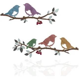 2 Stück Metall-Vögel-Wandkunst,hängende Blätter mit Vögeln,Multicolor Metall Ornament Zweig Wand hängende Zeichen für Balkon Indoor Outdoor Dekoration