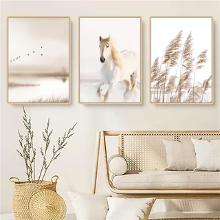 Herfair 3er Premium Poster Set, Boho Pampasgras Bilder Wohnzimmer Deko Schlafzimmer, Pferd Leinwandbilder, Moderne Wandbilder, ohne Rahmen (30x40cm)