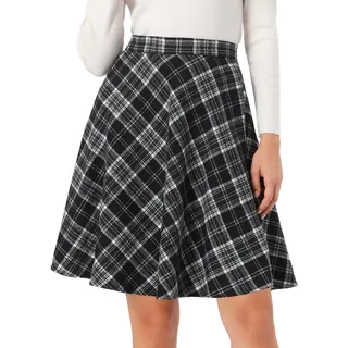 Allegra K Damen Karo Rock Festlich A-Linie Hohe Taille Kammgarn Kariert Midirock