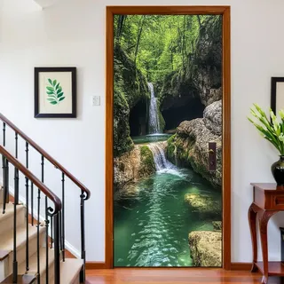 Türfolie 90 x 200 cm Berge Wasserfälle Wälder Türtapete Türposter Grün Türaufkleber für Wohnzimmer Kinderzimmer Küche Bad