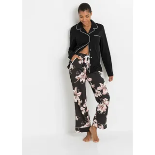 Pyjama BONPRIX, Damen, Gr. 48/50 (XL), schwarz (schwarz geblümt), Jersey, Obermaterial: 100% Baumwolle, bedruckt, kontrastfarbene Details, Basic lang, V-Ausschnitt, Homewear-Sets Pyjama, bequeme Passform, aus Baumwolle