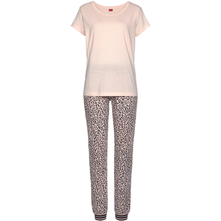 Schlafanzug S.OLIVER, Damen, Gr. 32/34, rosa (hellrosa, weiß), Single Jersey, Obermaterial: 100% Baumwolle, gemustert, Basic, lang, Rundhals, Homewear-Sets Schlafanzug, mit Leo-Print