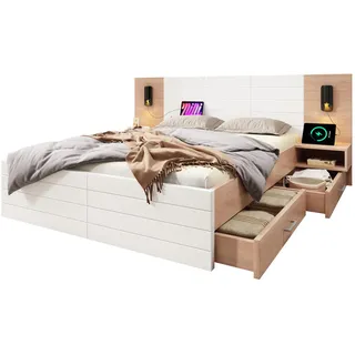Flieks Doppelbett 180x200cm Holzbett Leselicht USB-Ladung 2 Schubladen Eiche-Weiß , 180x200 cm , Schlafzimmer, Betten