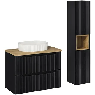 Badmöbel Set 2-teilig, 80cm Waschtisch, in schwarz mit Eiche, gerillte Front, NEWPORT-56-BLACK - Schwarz
