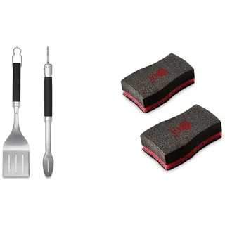 Weber 6763 Precision Grill Tongs & Spatula Set Premium Grillbesteck-2-teilig, Schwarz/Silber & 17688 Reinigungsschwamm, 2 Stück, 25.0 x 6.0 x 9.0 cm