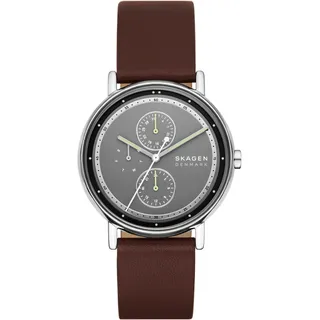 Skagen Quarzuhr »SIGNATUR« Armbanduhr, Herrenuhr, Lederarmband, analog, Tag, Wochentag, grau