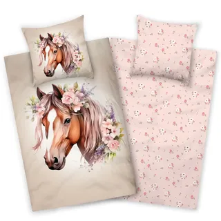 Aminata kids Bettwäsche Mädchen 135x200 Pferd - Baumwolle - Kinder-Bettwäsche mit Pferde-Motiv - beige rosa - Reißverschluss - Wendebettwäsche Blumen