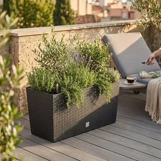 Blumenkasten für Blumen, groß, für den Innen- und Außenbereich, Kunststoff, Rattan-Effekt, für Terrasse, Garten oder Wohnzimmer, UV-beständig, 32 cm hoch x (80 x 33 cm), Anthrazit