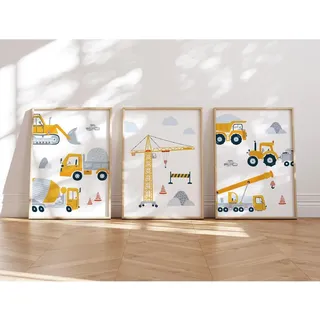 MeinBaby123® Bilder Baufahrzeuge | 3er Set DIN A4 | Bagger, Kran, Baumaschine, Kipplaster | Poster Kinderzimmer | Deko Bilder Kinderzimmer Junge | Babyzimmer Deko (Bagger V1)