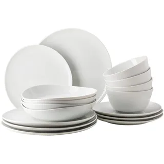 Rosenthal Junto White Set 16-tlg., Porzellan, Weiß, Flache Teller, Speiseteller Ø 22 cm, Tiefe Teller Ø 21,5 cm und Müslischalen Ø 14 cm, 0,62 l, Spülmaschinen- und Mikrowellenfest, Set für 4 Personen