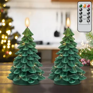 Eldnacele Weihnachtsbaumkerzen mit Fernbedienung und Timer, integrierte Lichterkette, 2er Set flammenlose Stabkerzen mit flackernder 3D-Flamme, batteriebetriebene LED-Kerzen für Weihnachten