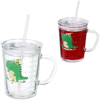 Relaxdays Kindergläser 2er Set, Dino-Motiv, Trinkglas Kinder, mit Henkel, Deckel & Strohhalm, 400 ml Skala, transparent