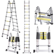 COOCHEER 5 m Klappleiter, Teleskopleiter aus Aluminium, ausziehbare Leiter, rutschfeste Leiter, Trittleiter, maximale Belastung 150 kg